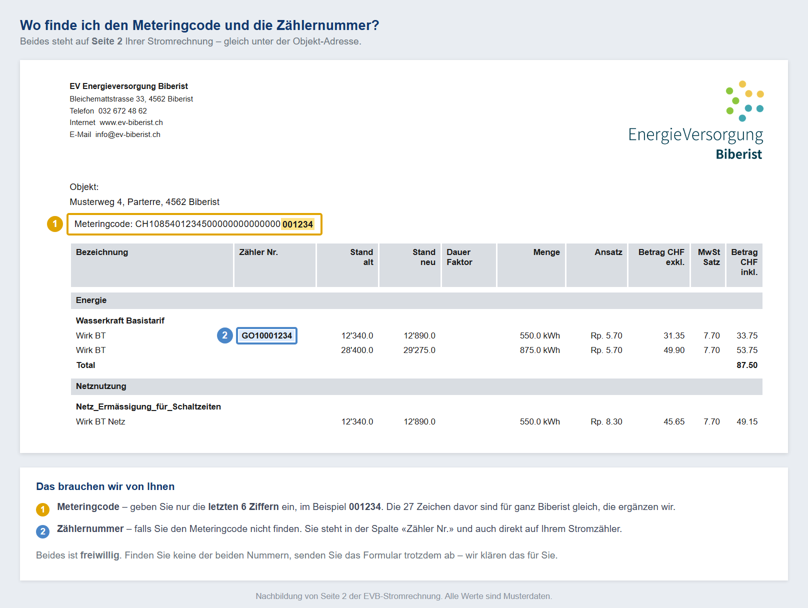 Wo Meteringcode und Zählernummer auf der Stromrechnung stehen
